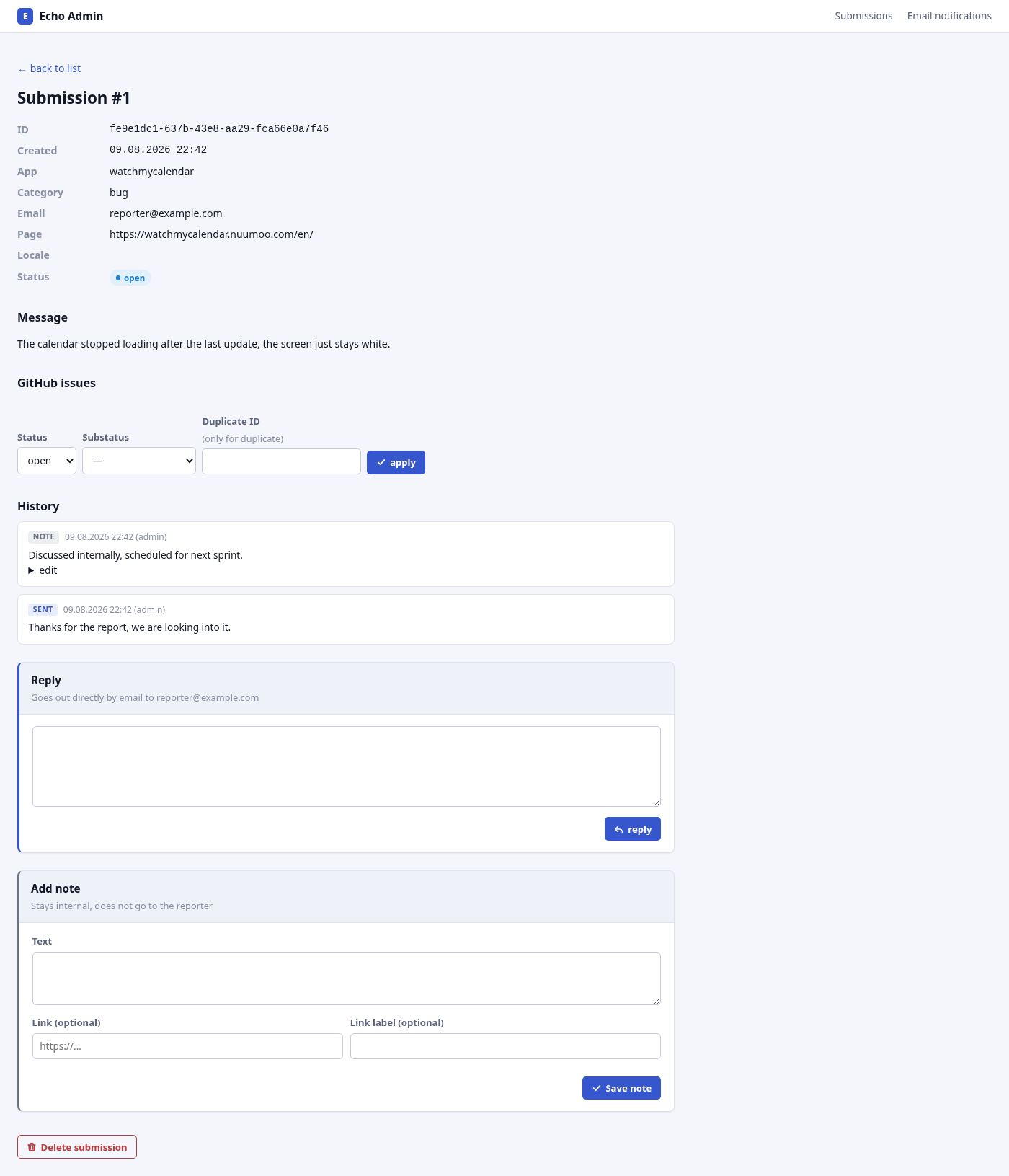 Submission detail view with full history timeline